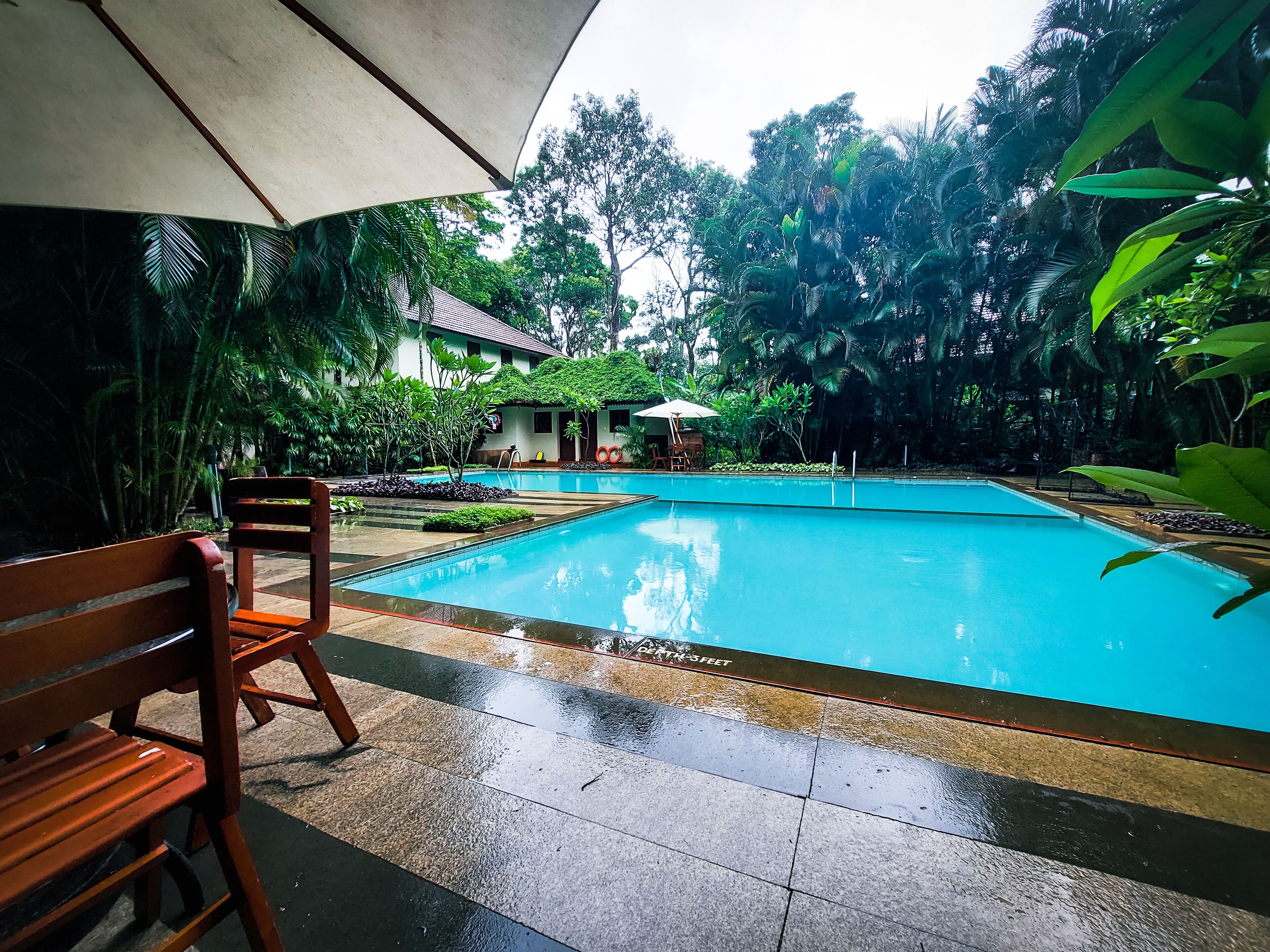A swimming pool with a tiled deck, surrounded by lush greenery and a covered seating area.
