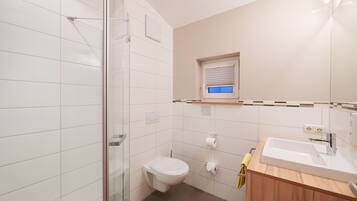 Baño con cabina de ducha de vidrio, inodoro, lavamanos con espejo y ventana con persianas.