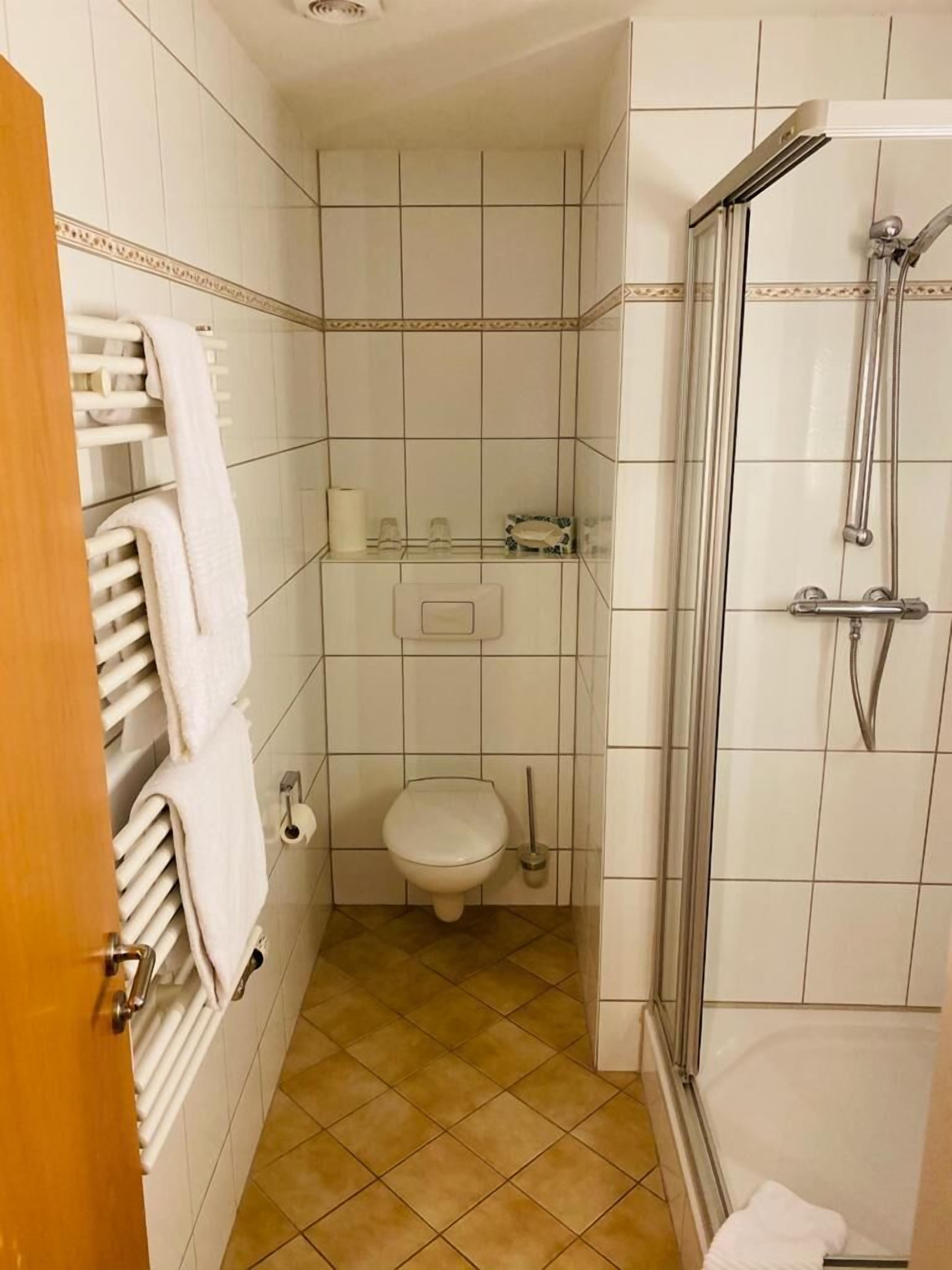 shower, free toiletries, hair dryer, towels