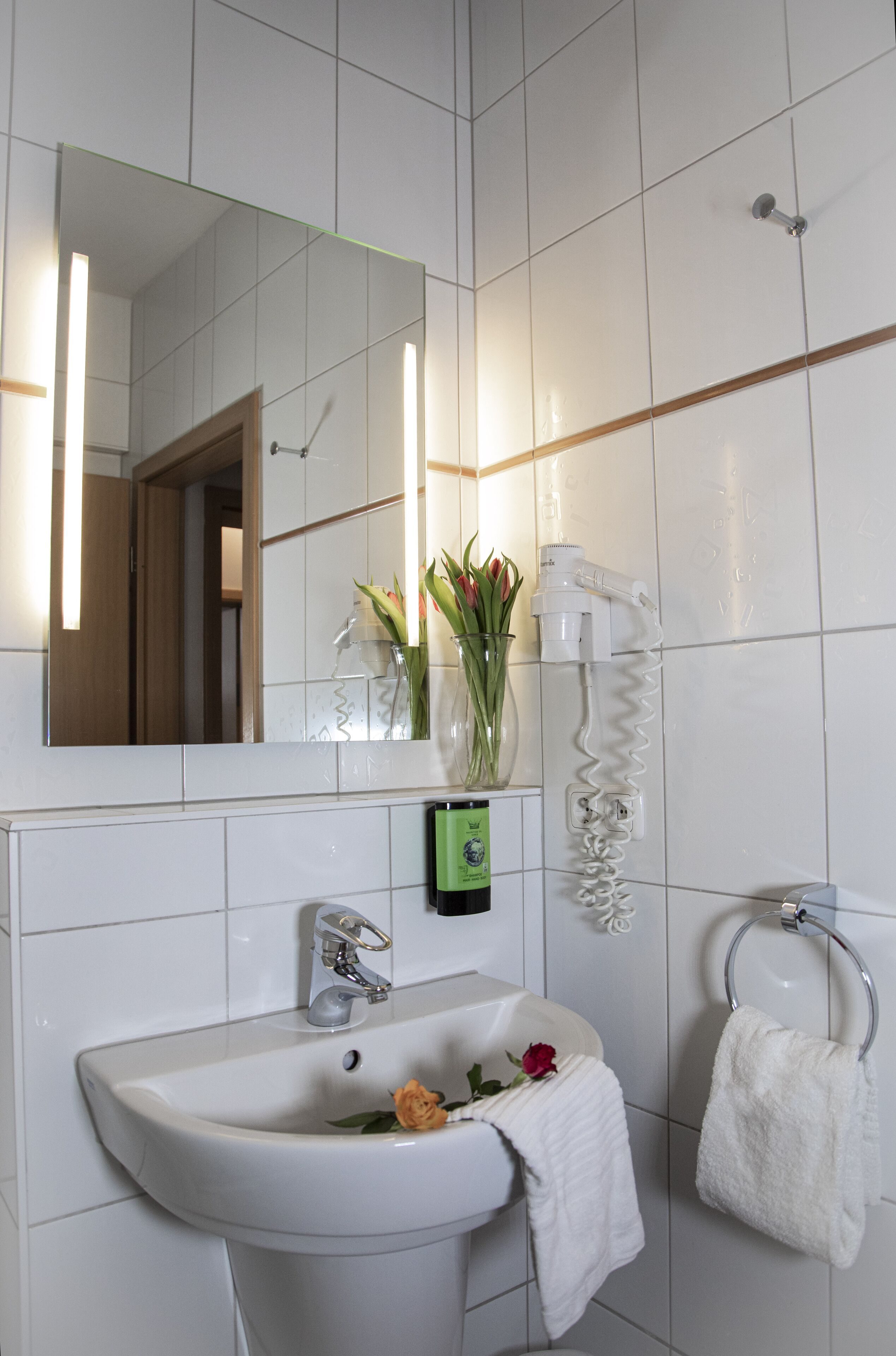 shower, free toiletries, hair dryer, towels