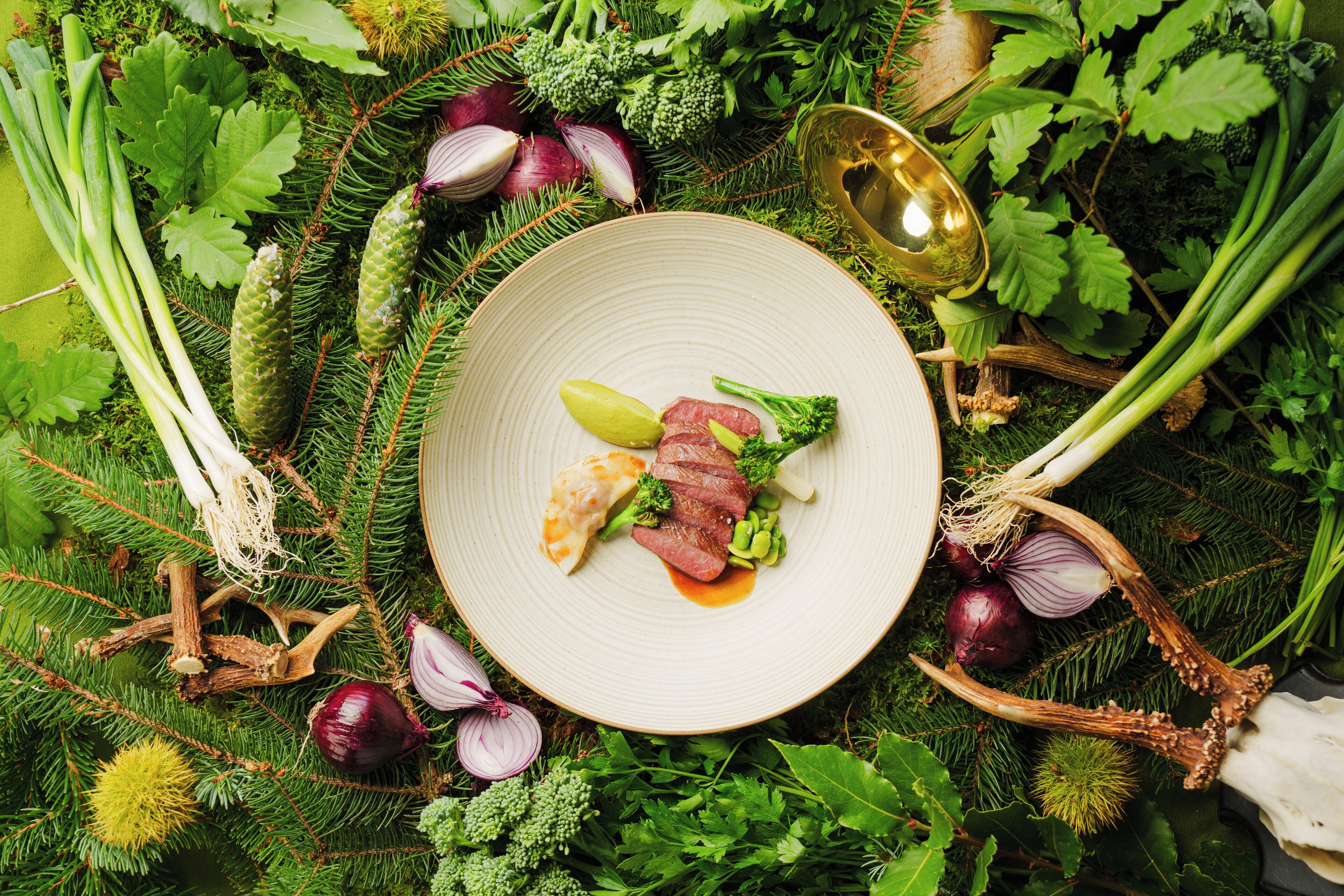A plate of food with various vegetables and meat, surrounded by greenery and pine branches.