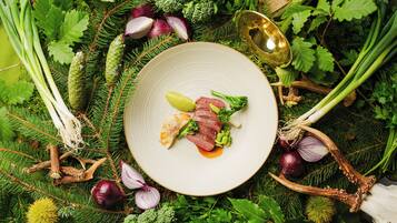 A plate of food with various vegetables and meat, surrounded by greenery and pine branches.