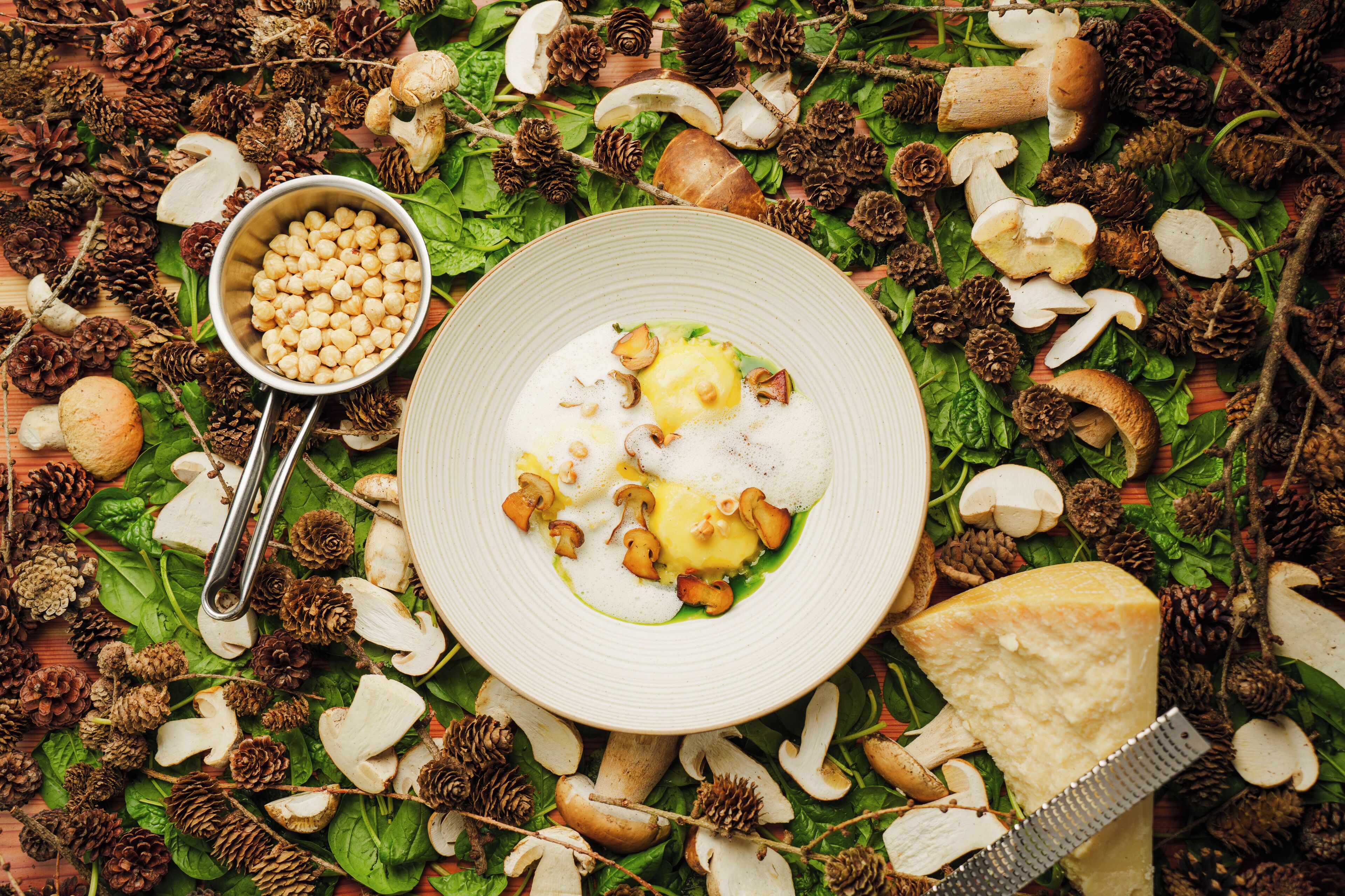 Un plato de comida con champiñones, nueces y una porción de queso sobre una cama de hojas verdes, rodeado de piñas y nueces.
