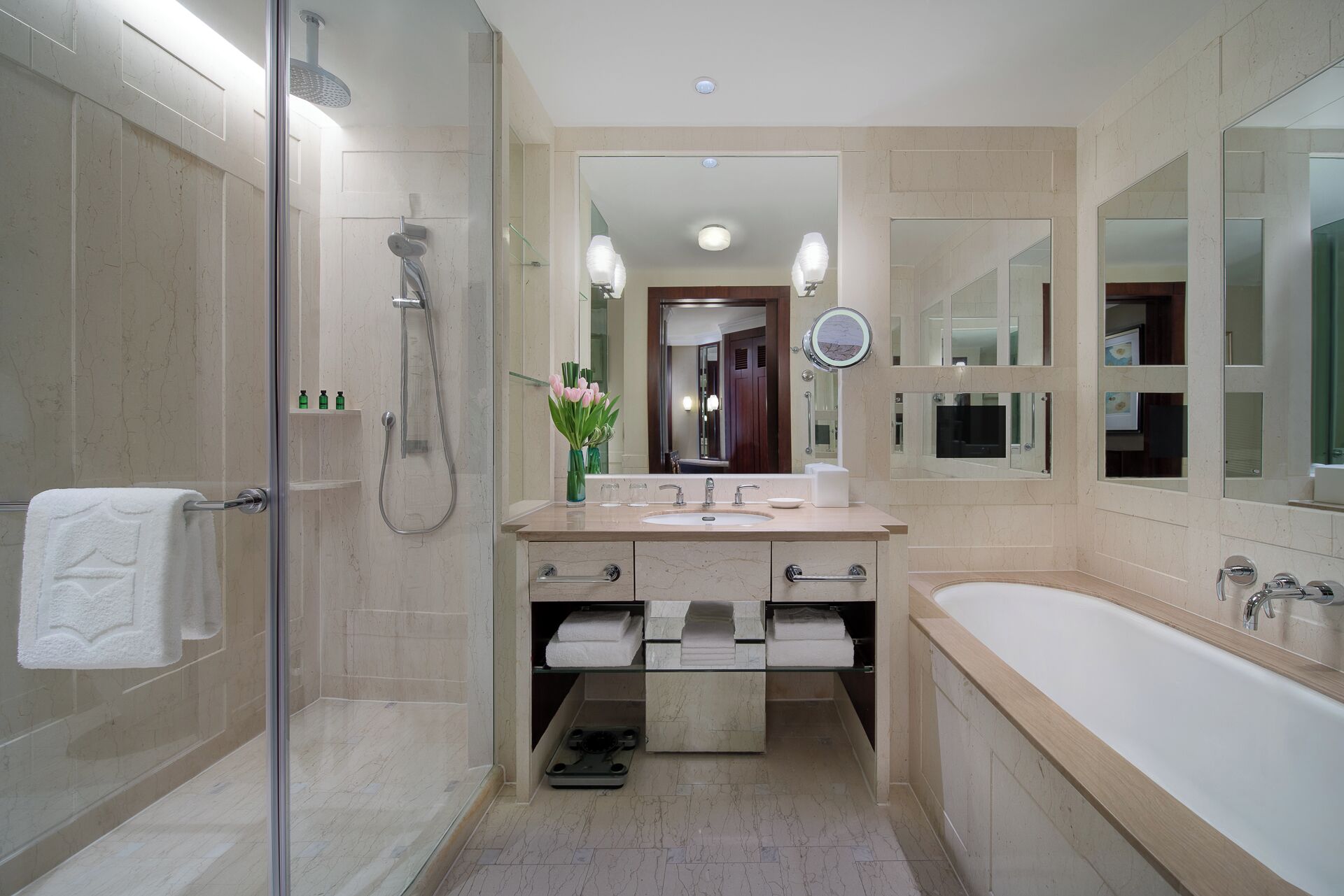separate bathtub and shower, designer toiletries, hair dryer, bathrobes