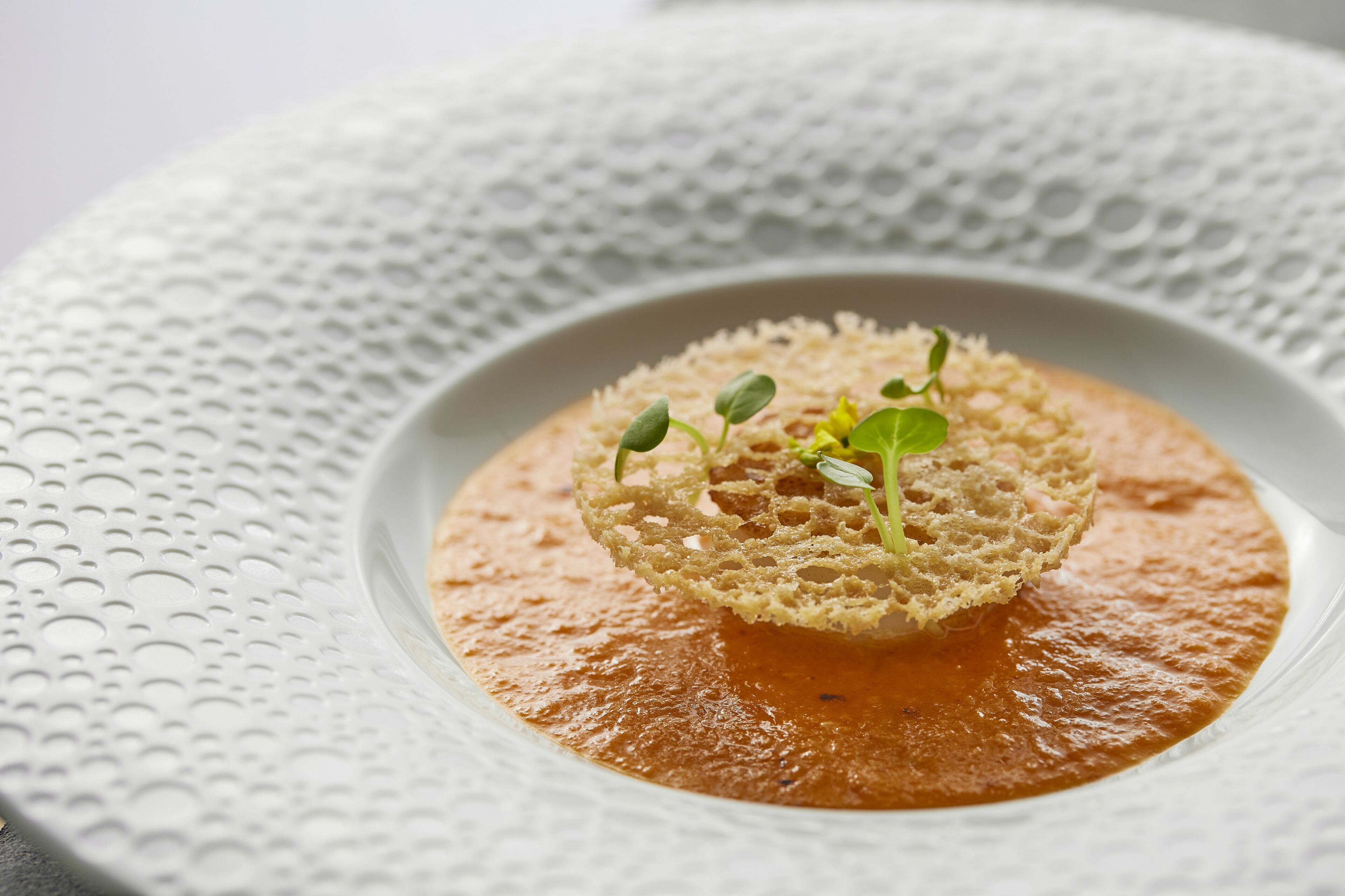 A bowl of soup with a piece of bread on top, placed on a textured white plate.