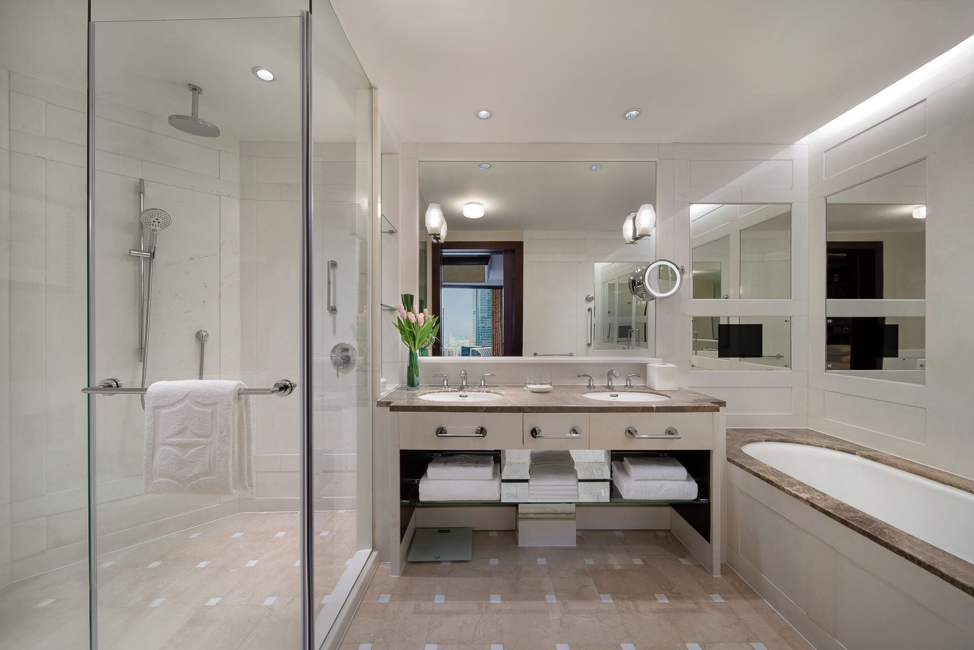 separate bathtub and shower, designer toiletries, hair dryer, bathrobes