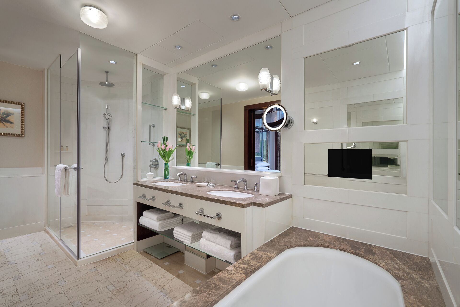 separate bathtub and shower, designer toiletries, hair dryer, bathrobes
