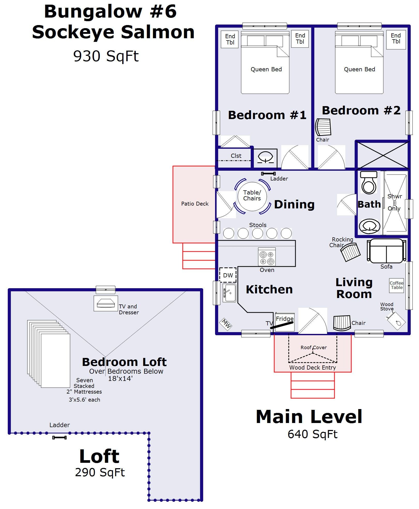 Plano de planta de una cabaña de 87 metros cuadrados, que incluye un altillo de 27 metros cuadrados, un nivel principal de 60 metros cuadrados y un comedor.