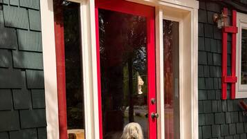 A house with a red door and a dog standing inside.