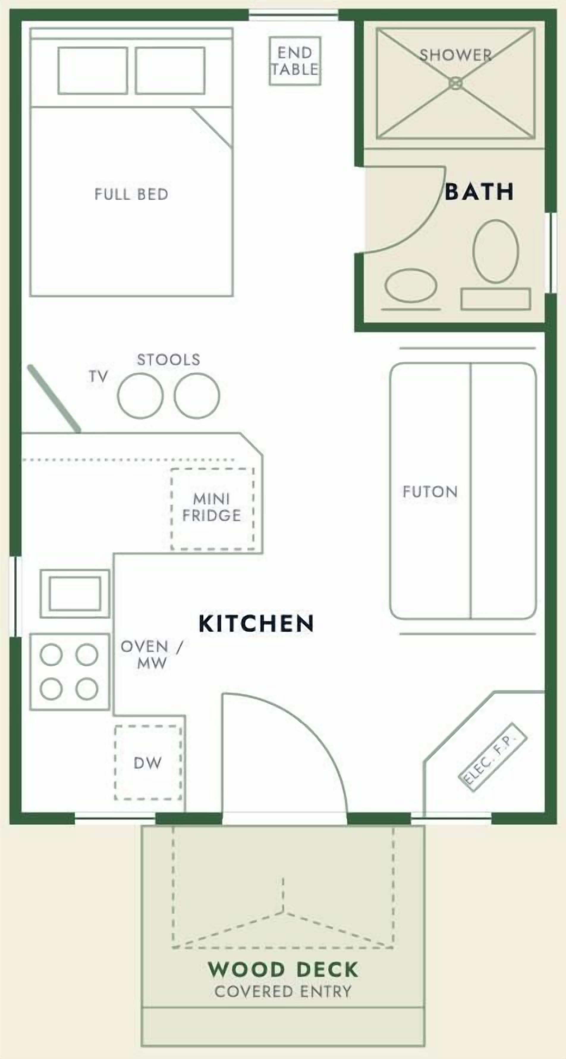 Plano de planta que muestra una cama doble, televisor, mini refrigerador, cocina, futón y una entrada cubierta a una terraza de madera.