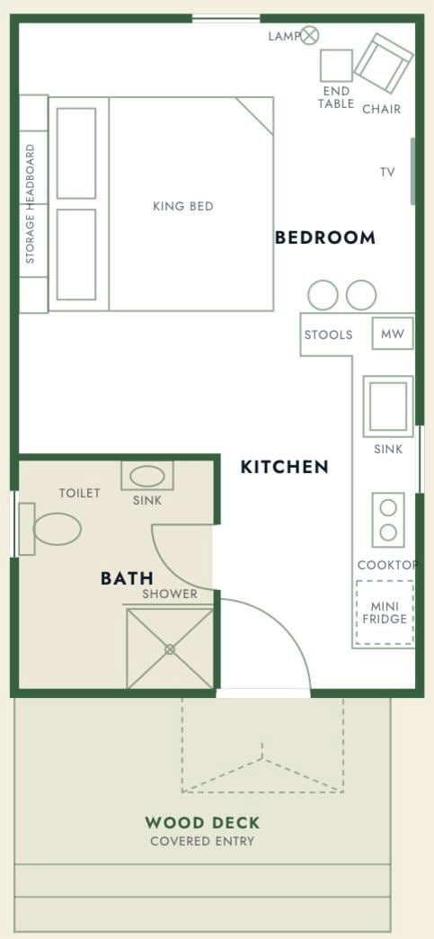 A floor plan with a bedroom, bathroom, kitchen, and a wood deck.