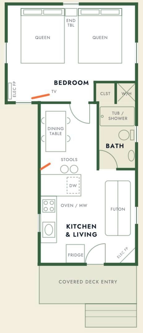 A floor plan with a bedroom, bathroom, kitchen, dining area, and covered deck entry.