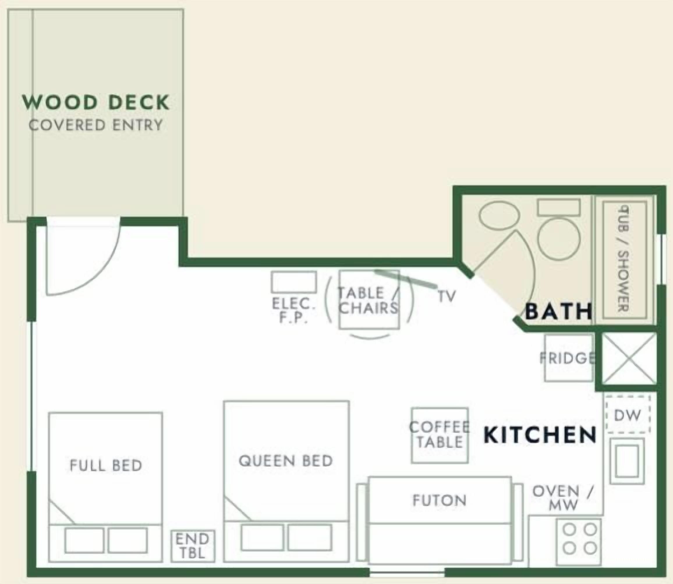A hotel room layout with a covered entry, a full bed, a queen bed, a futon, a coffee table, a TV, a table with chairs, a bathroom with a shower, a fridge, and a kitchen with an oven.