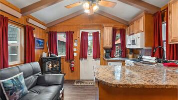 Grey goose bungalow | Living area | 55-inch flat-screen TV with cable channels, TV, fireplace