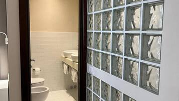 Shower, free toiletries, hair dryer, bidet