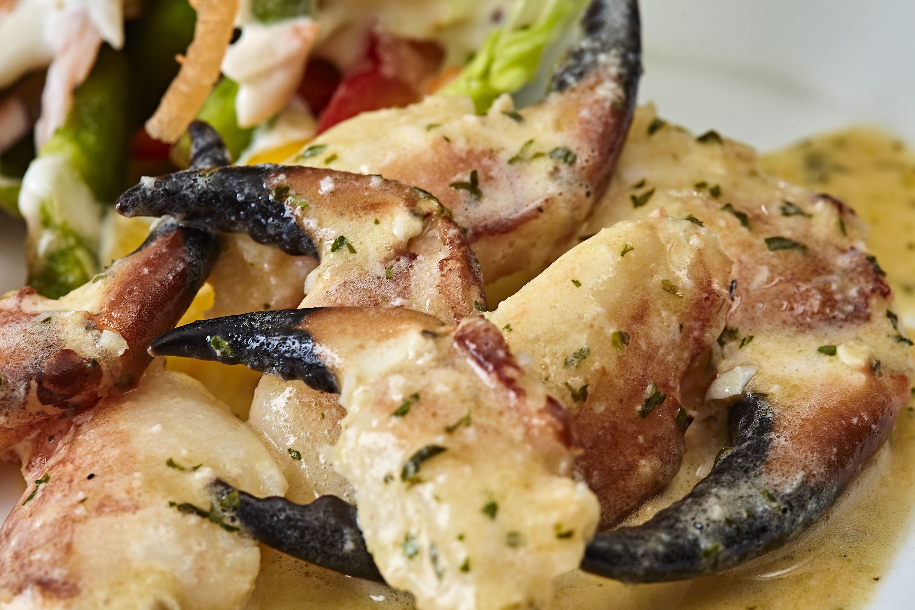 Une vue rapprochée d’un plat de fruits de mer composé de pattes de crabe et d’une sauce crémeuse, agrémenté d’herbes.