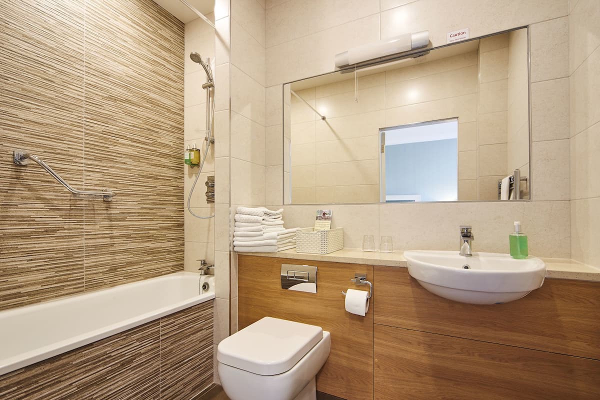 combined shower/bathtub, free toiletries, hair dryer, towels