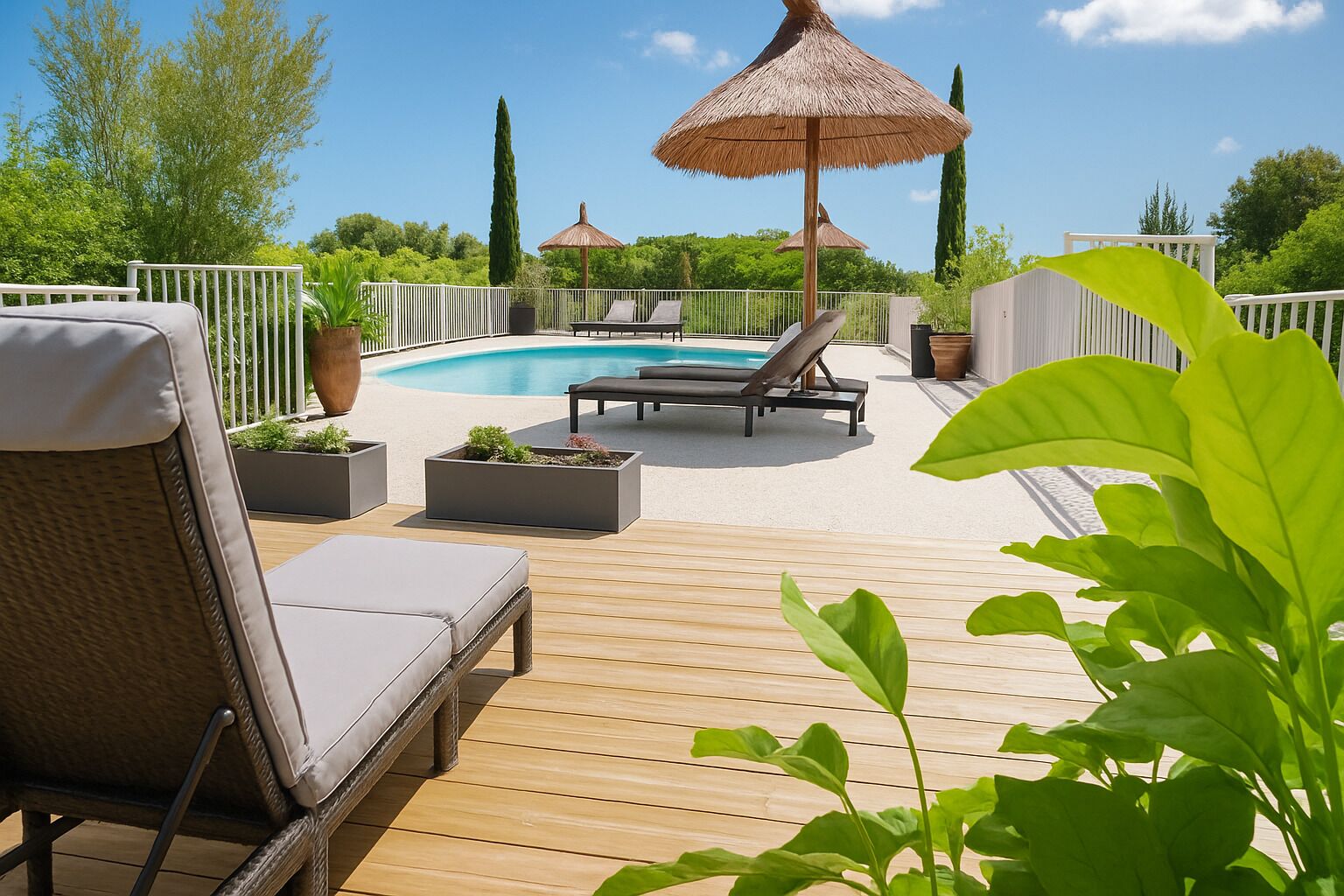 outdoor pool, pool umbrellas, pool loungers