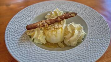 A dessert on a textured plate.