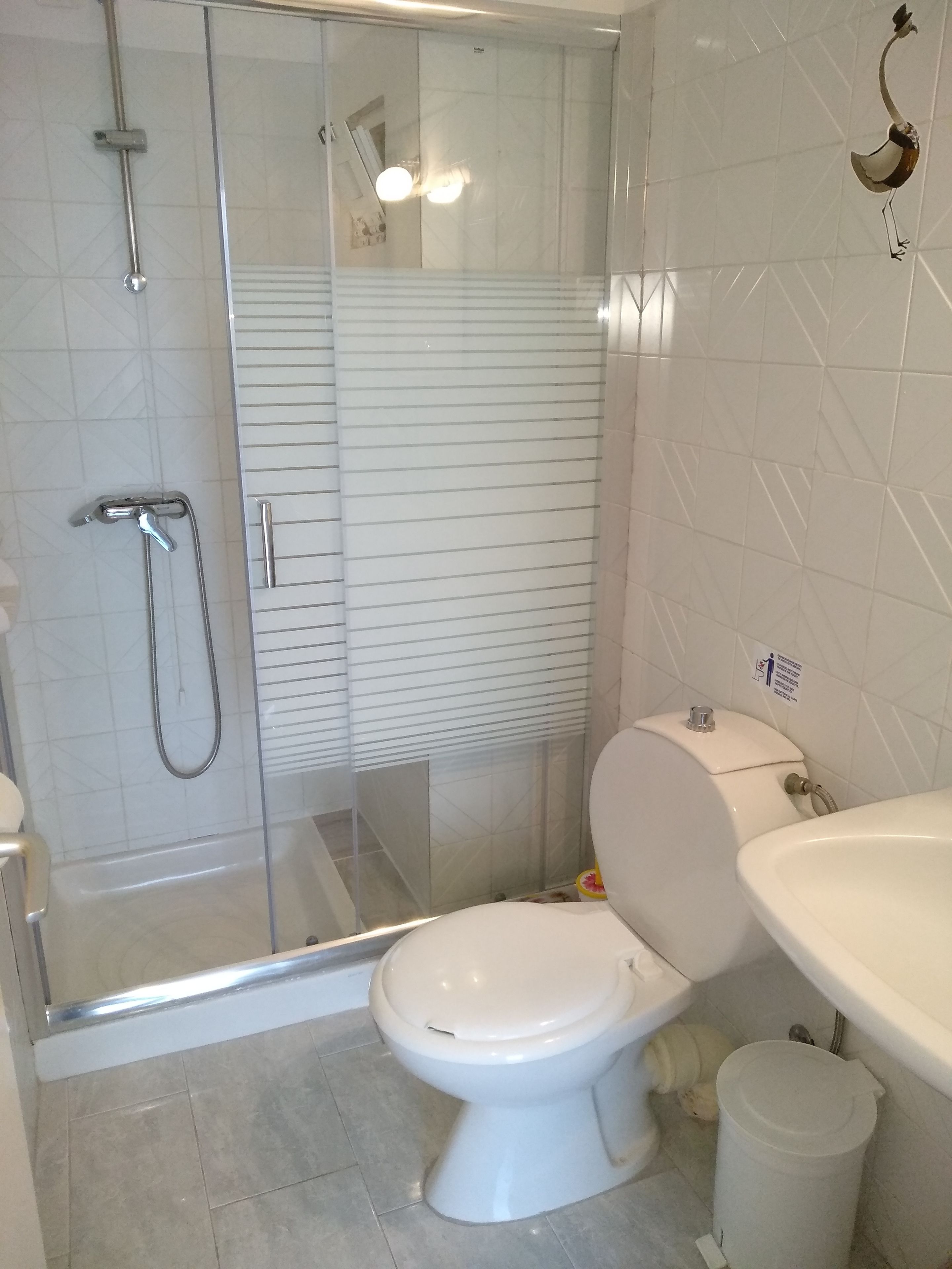 A bathroom with a glass-enclosed shower, a toilet, and a sink.