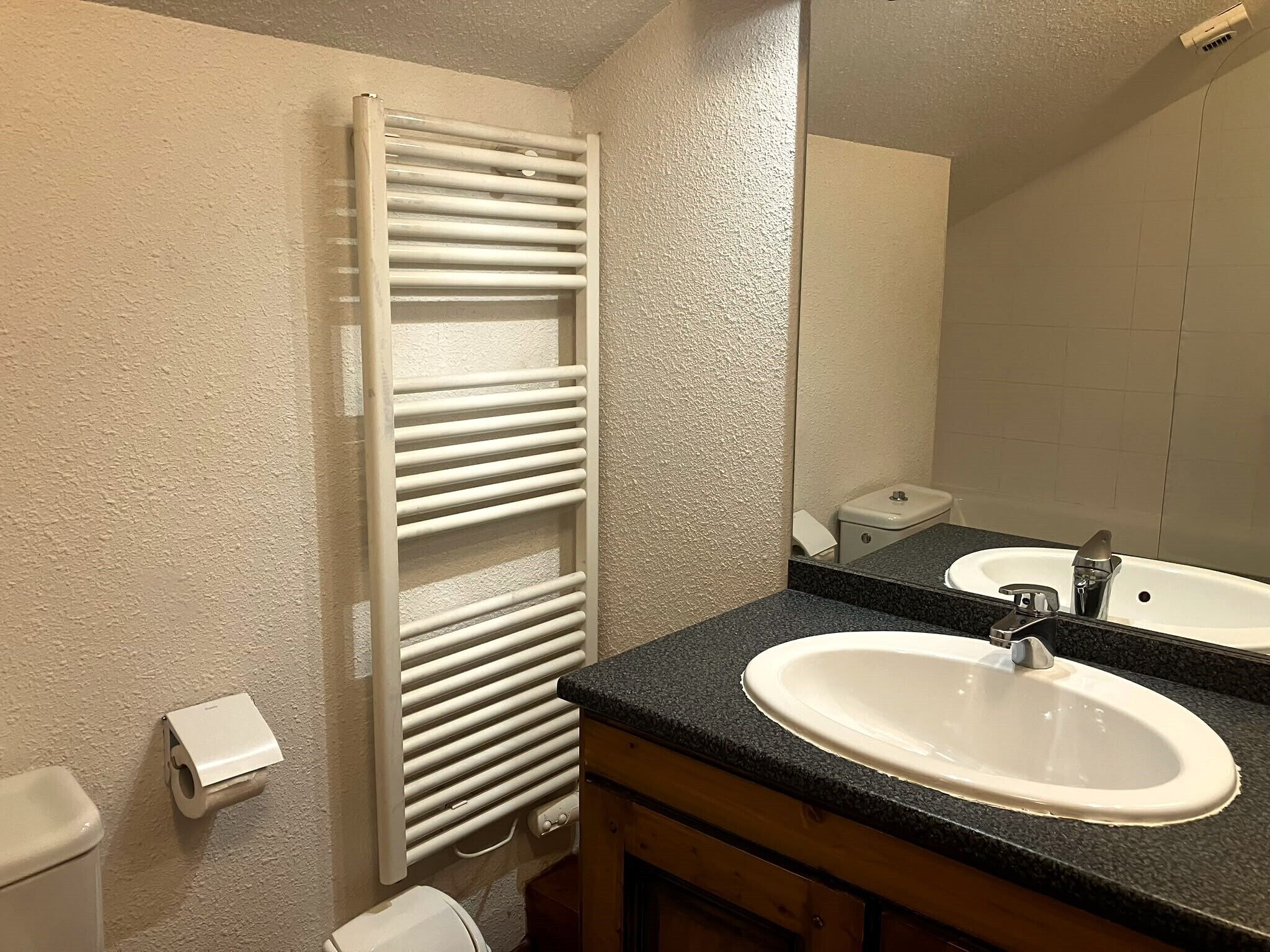 Une salle de bain avec un lavabo blanc, un miroir, un porte-serviettes et des toilettes.