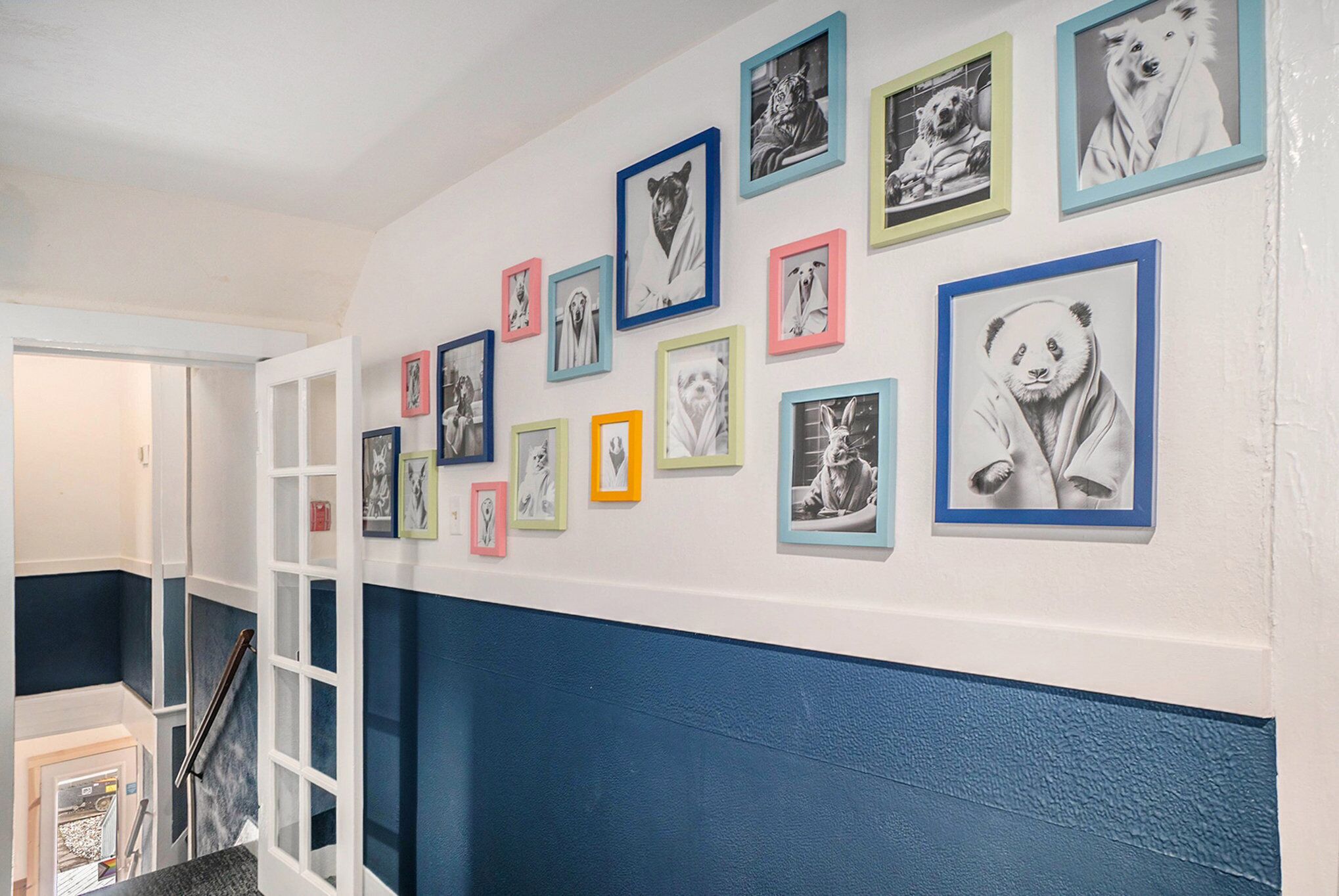 Ein Flur mit einer Reihe gerahmter Tierfotos an der Wand, einer Treppe und einer Tür zu einem anderen Raum.