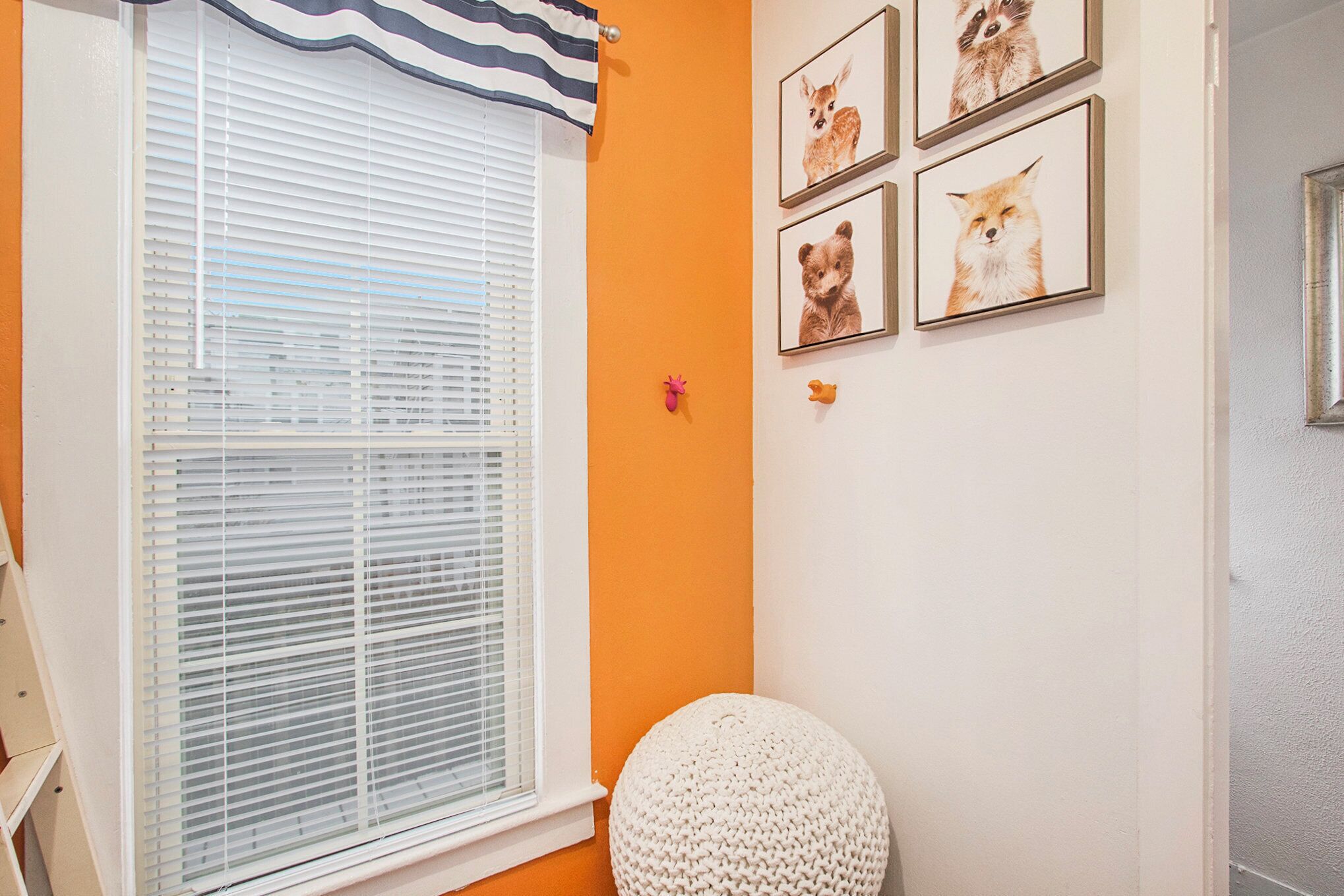 A room with a window with blinds, a white knitted pouf, and framed animal pictures on the wall.