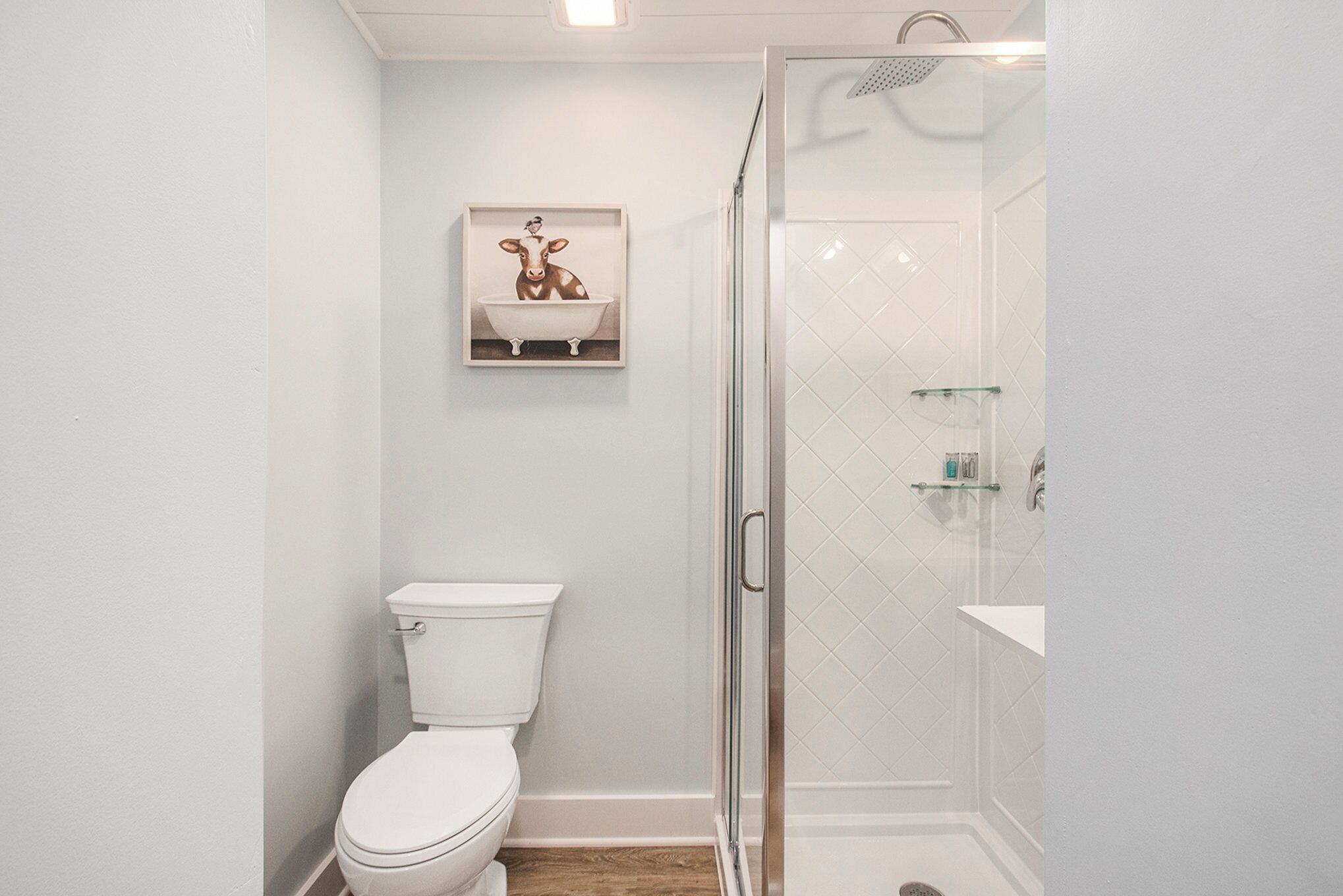 A bathroom with a toilet, a glass shower enclosure, and a shelf with a decorative item.