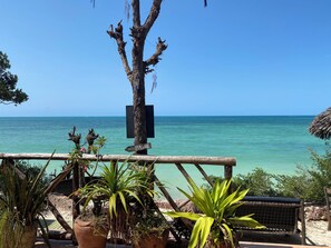 Frokost og lunsj serveres, internasjonale retter, utsikt mot stranden 