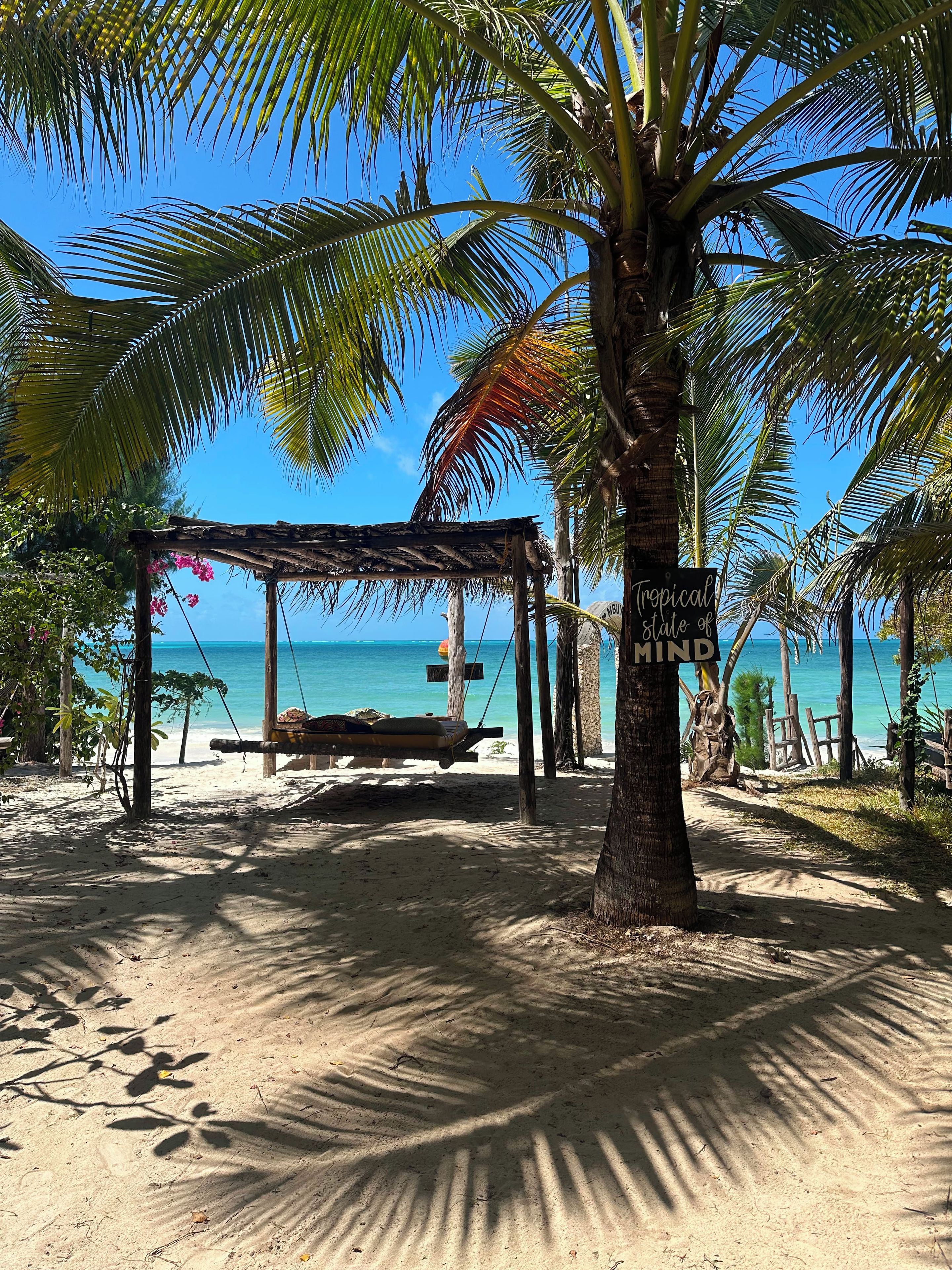Escena de playa con un columpio, palmeras y un letrero que dice 'Tropical state of MIND'.