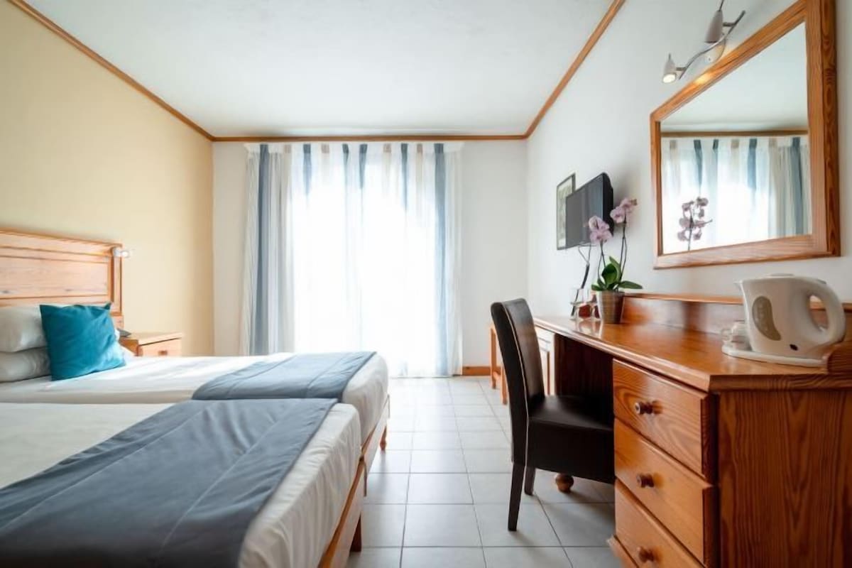 Habitación de hotel con dos camas, un escritorio, una silla, un aparador, un televisor y un espejo grande.