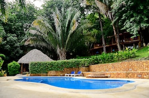 Alberca al aire libre y camastros