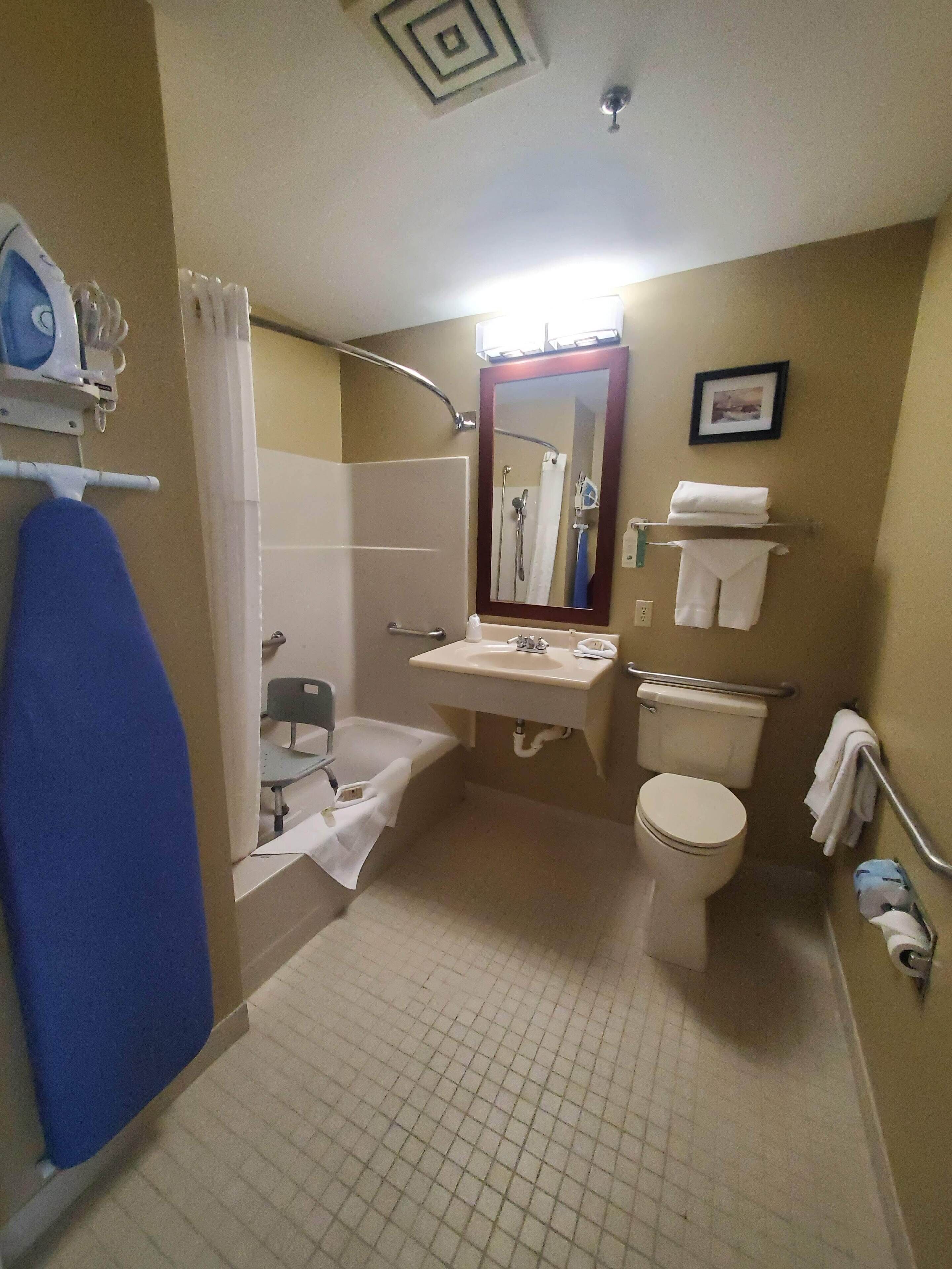 combined shower/bathtub, free toiletries, hair dryer, towels