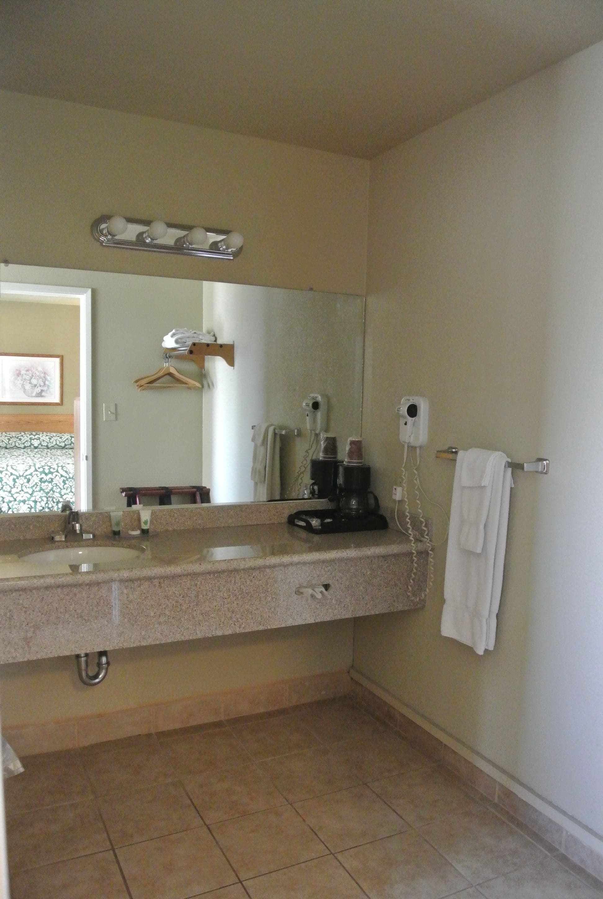 A bathroom with a sink, mirror, towel rack, and a hairdryer.