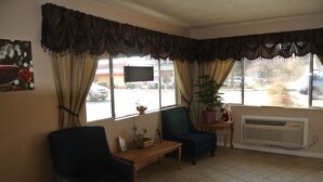 A room with two chairs, a small table, a potted plant, a television, and a radiator.