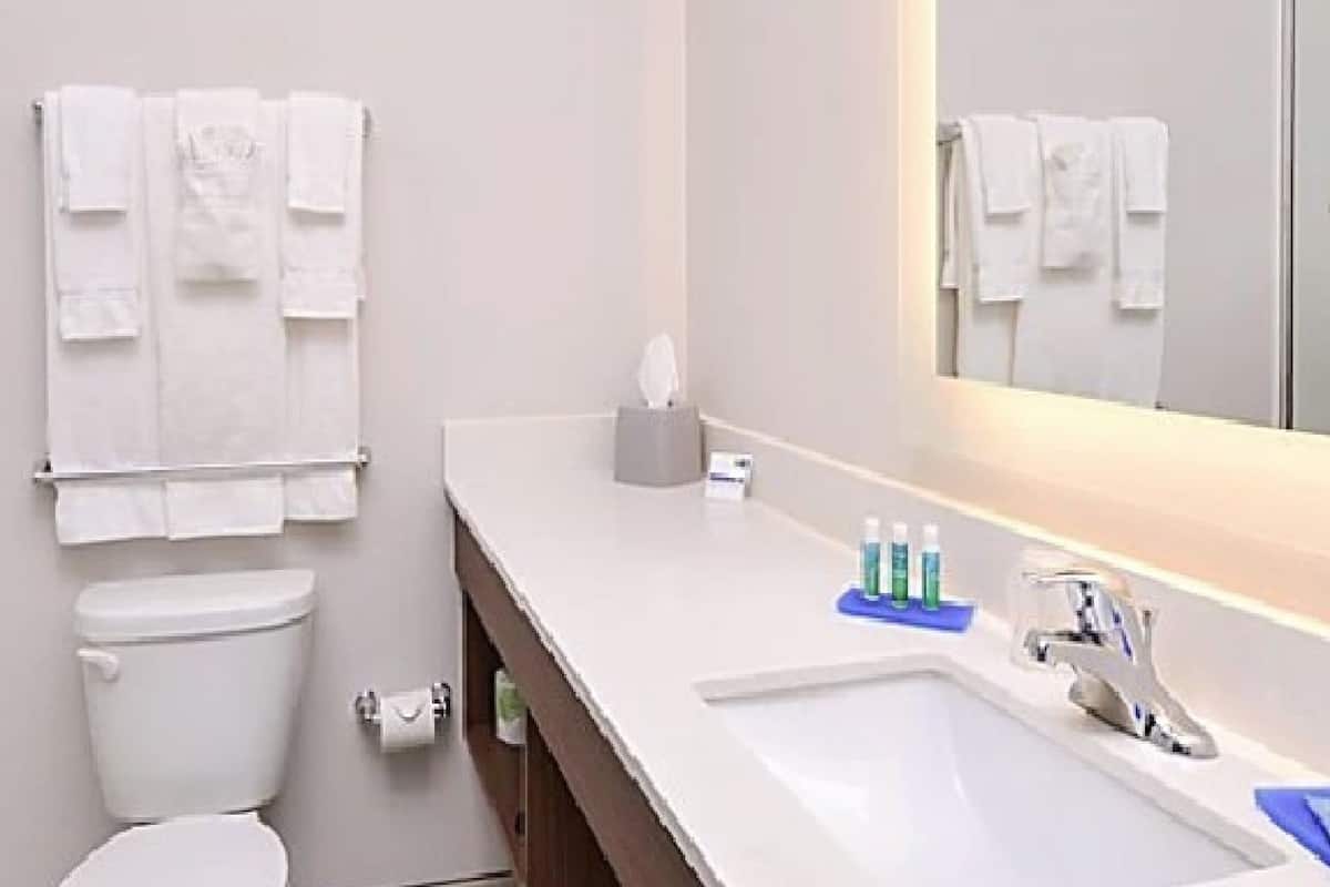 Un baño con inodoro, lavamanos y espejo. Hay toallas colgadas en un perchero y una caja de pañuelos en la encimera.