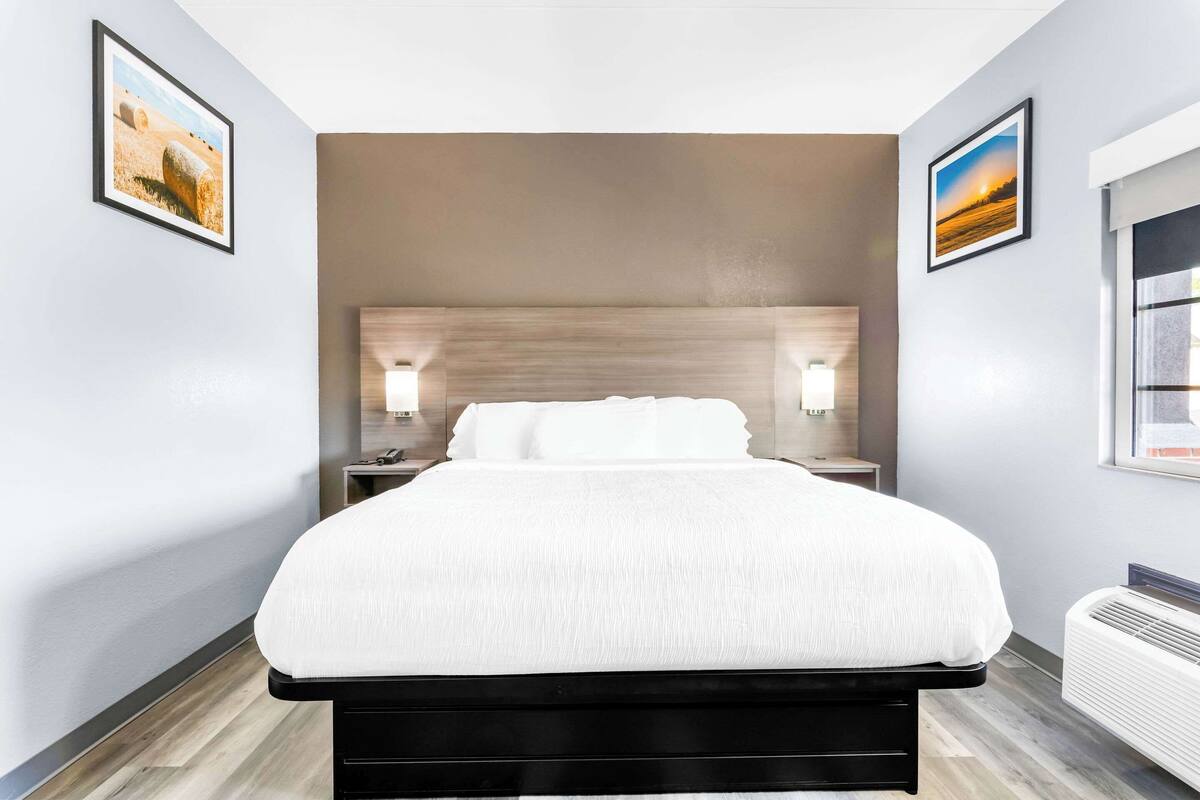 A modern hotel room with a large bed, two bedside tables, and framed pictures on the walls.