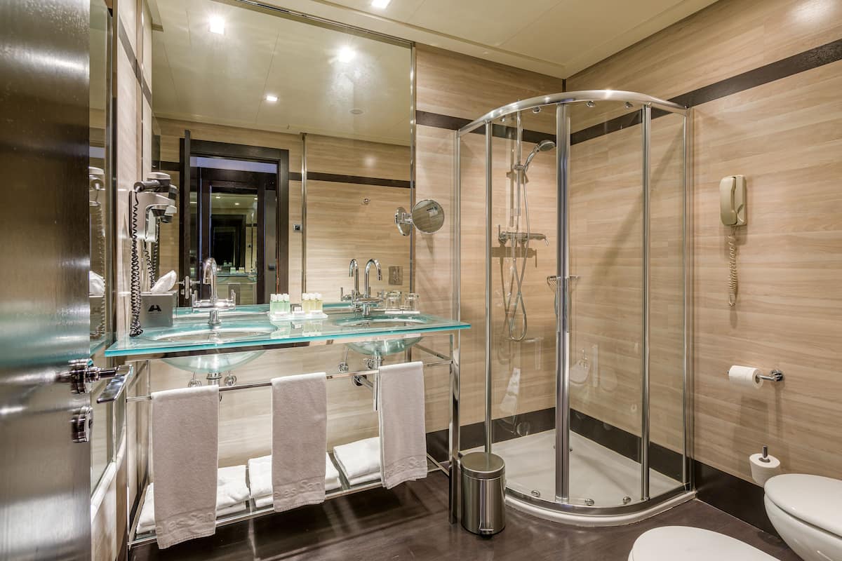 free toiletries, hair dryer, bidet, towels