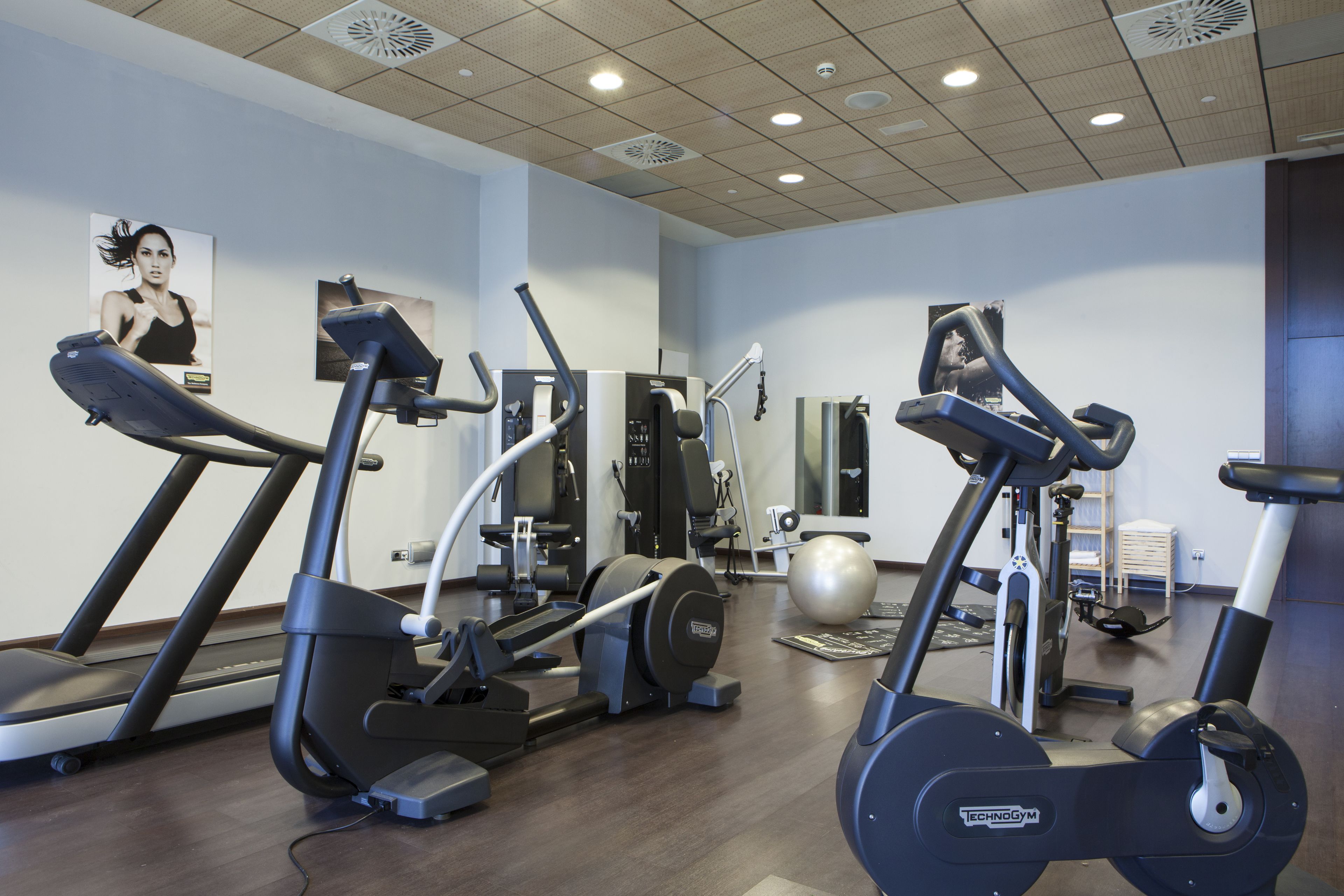 Un gimnasio con cintas de correr, elípticas y equipo de pesas.