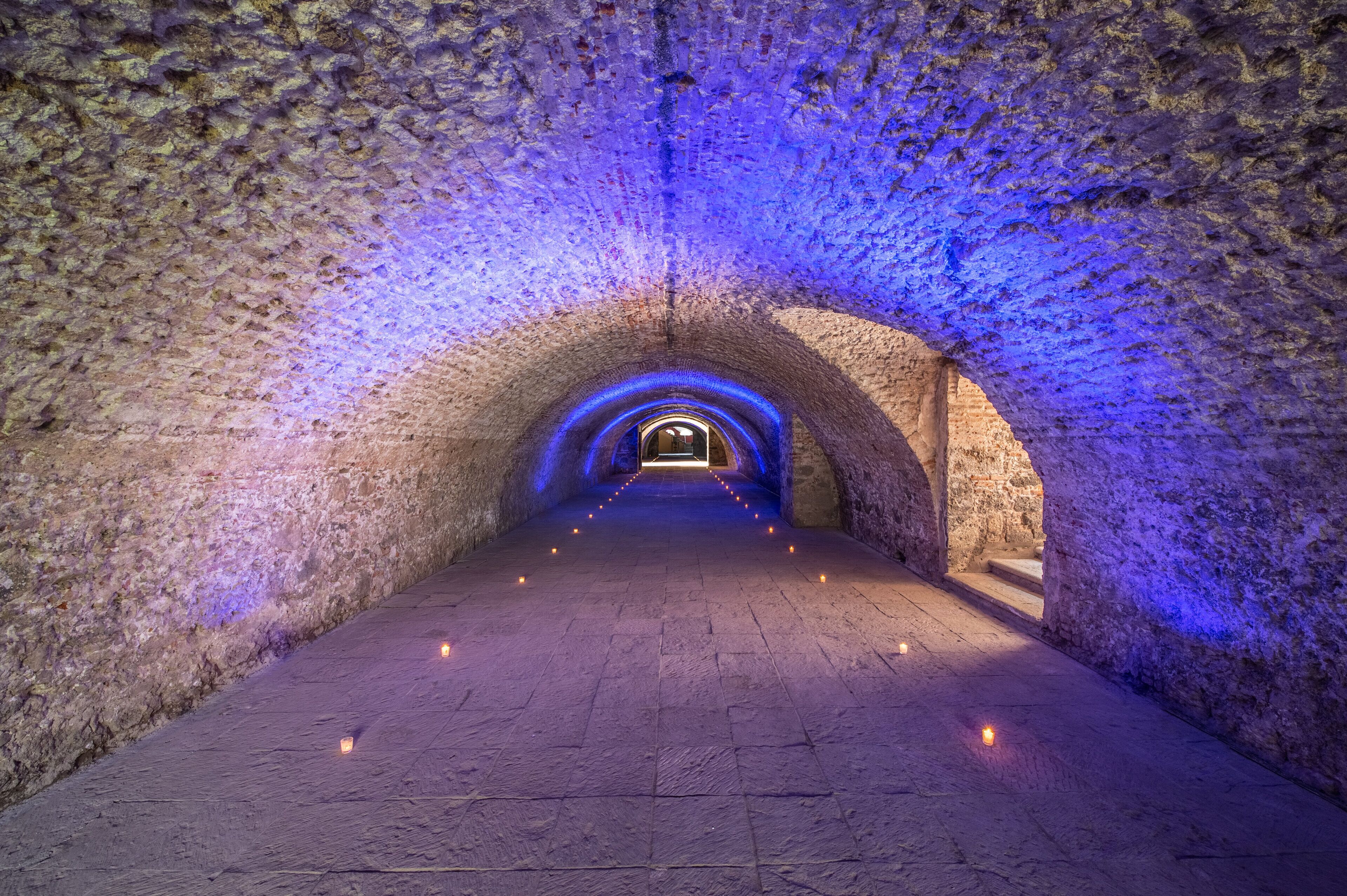 Un túnel con paredes de piedra y un camino central.