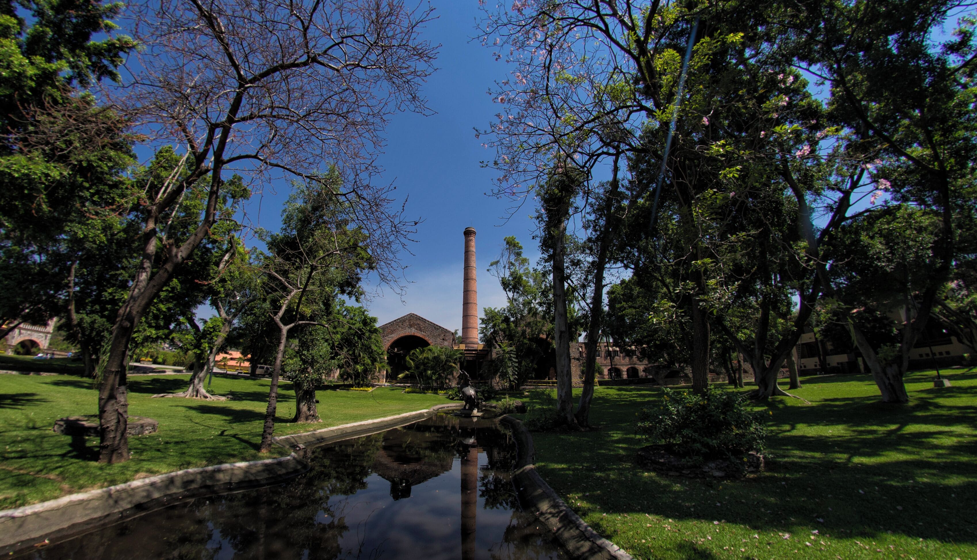 Un parque con un estanque, árboles y una chimenea de ladrillo.