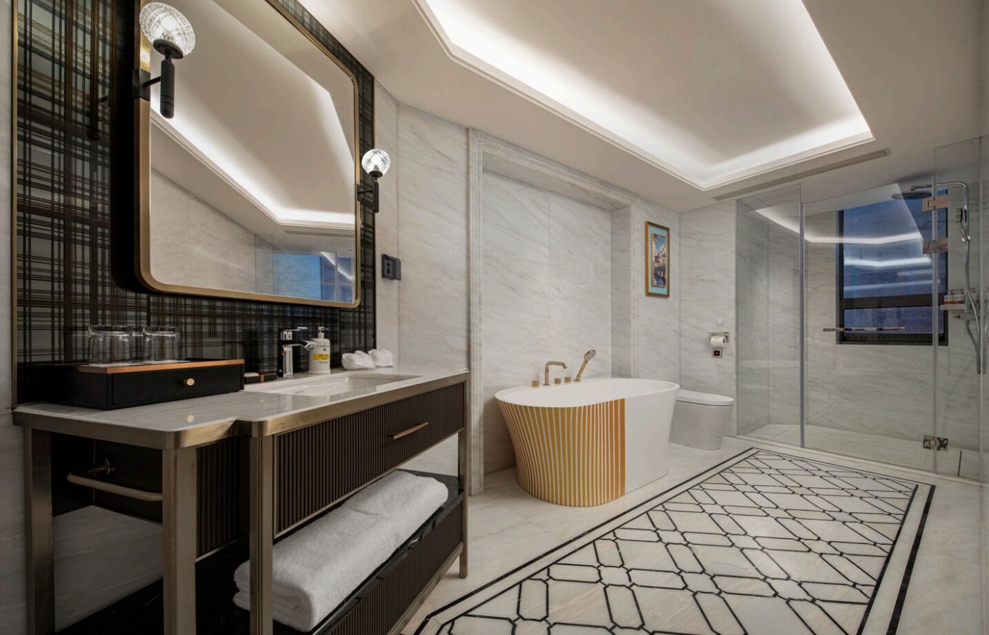 A modern bathroom with a vanity, bathtub, and shower.