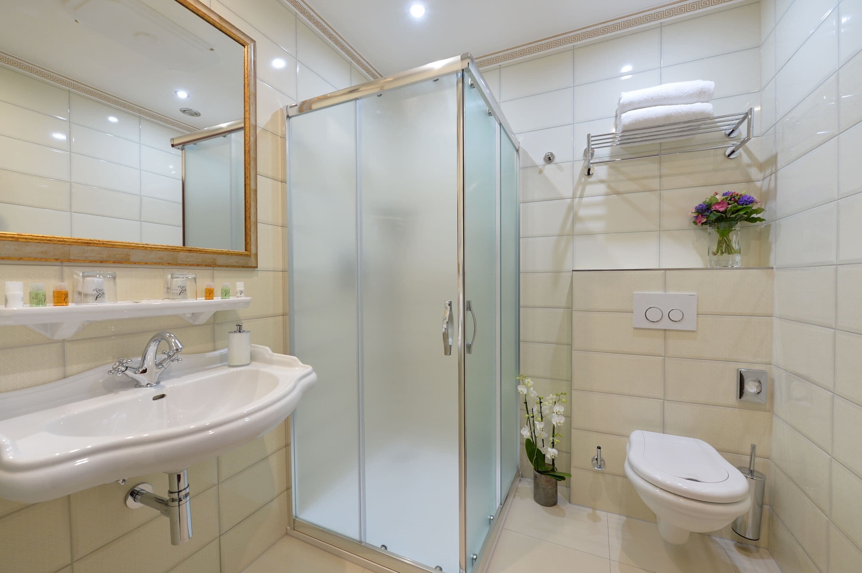 A modern bathroom with a glass-enclosed shower, a sink, a toilet, and a towel rack.