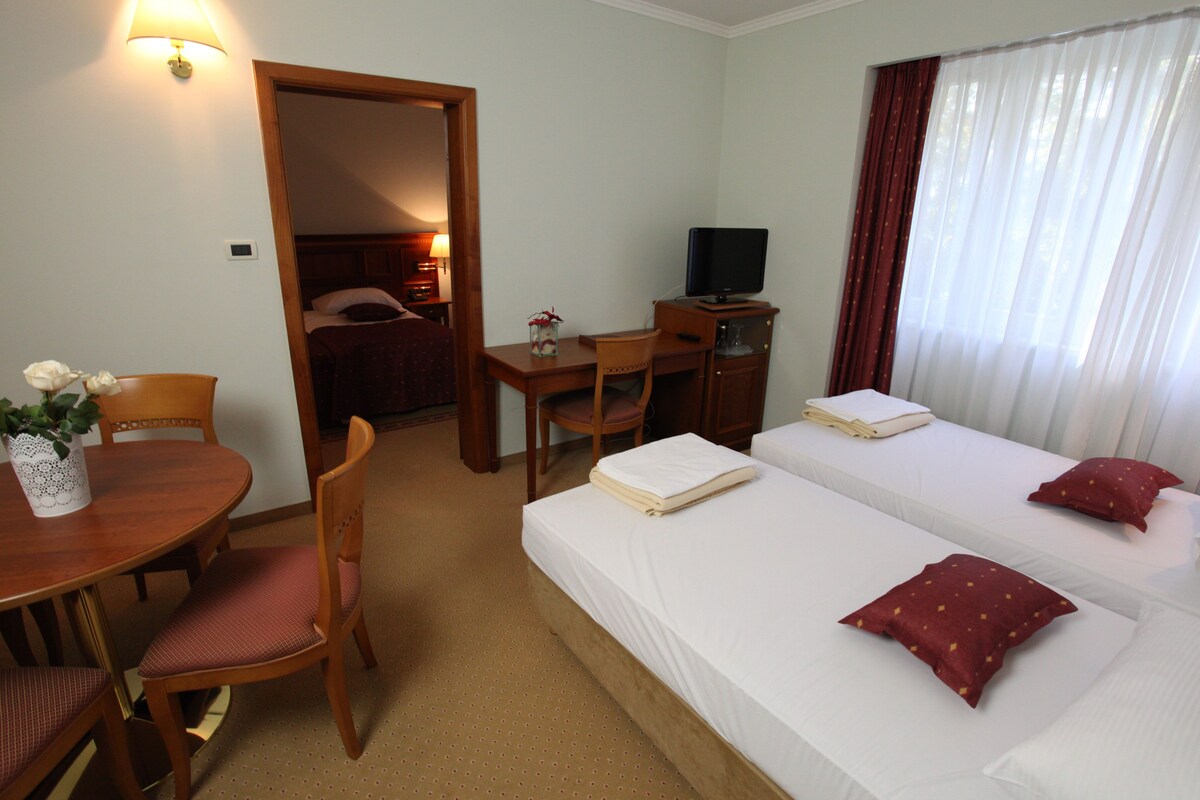 Une chambre d’hôtel avec deux lits, un bureau avec une télévision, une table à manger avec des chaises et une petite table sur laquelle est posé un vase de fleurs.