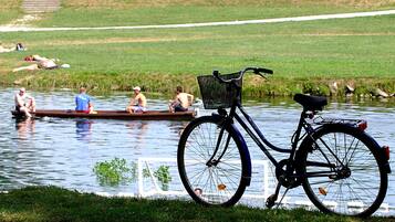 Una bicicleta amb un cistella aparcada vora un cos d'aigua tranquil·la.
