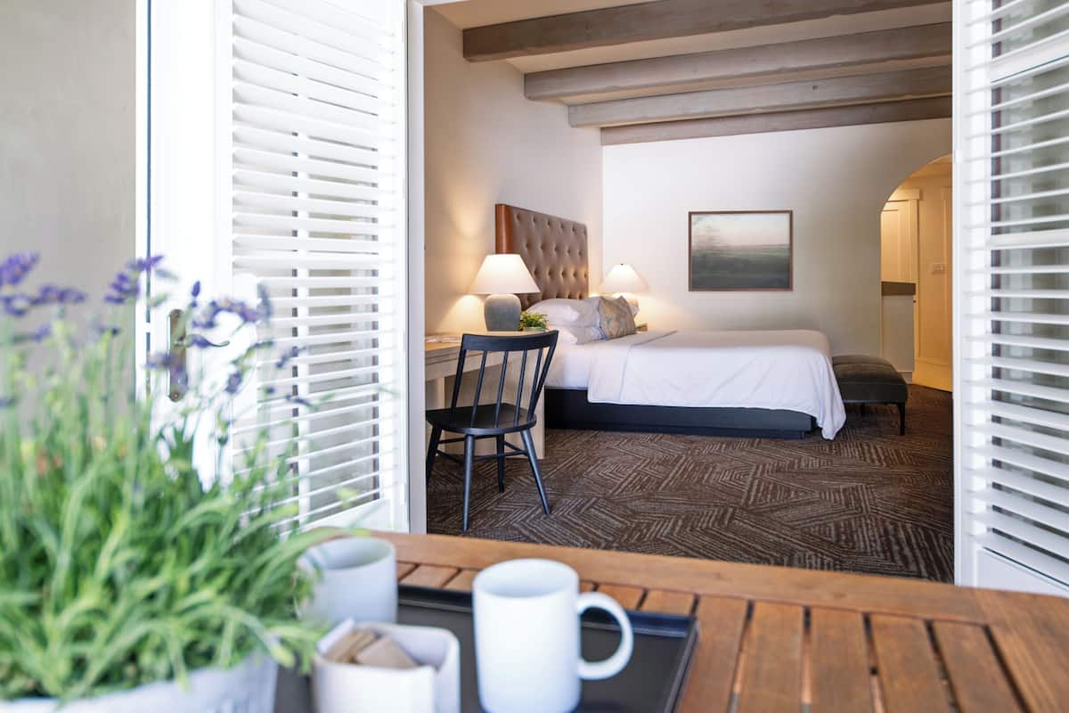 A hotel room with a bed, two bedside lamps, a chair, a small table with a tray, and a potted plant.