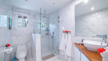 Deluxe Villa | Bathroom | Shower, rainfall showerhead, free toiletries, towels