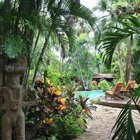 A tropical garden with a stone statue, a swimming pool, and wooden chairs.