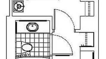 A hotel room layout with a bed, a desk, a chair, a small table, and a sofa.