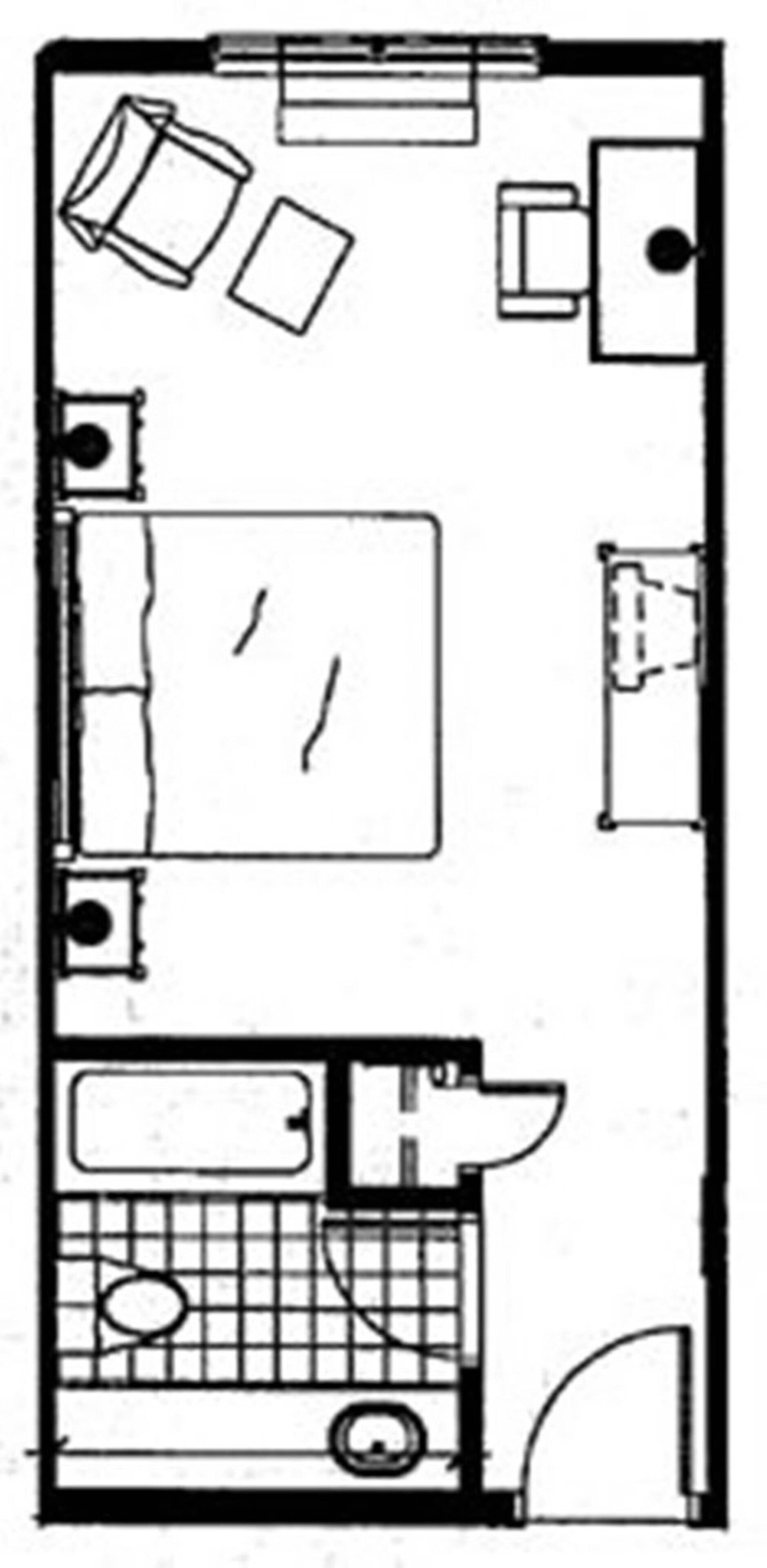 A floor plan with a kitchen, dining area, and two bedrooms.